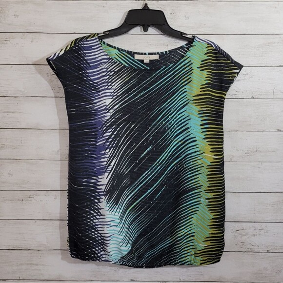 LOFT Tropical Peacock Palm Leaves Abstract Short Cap Sleeve Striped Top Blouse S - Picture 8 of 8